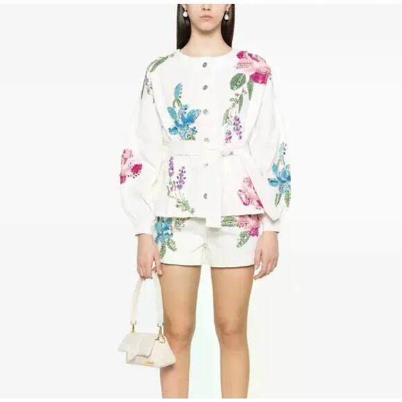 PATBO Poppy Denim Sequin Embroidered Jacket White Sz S NWT $1,200 {3S37} - Picture 1 of 13